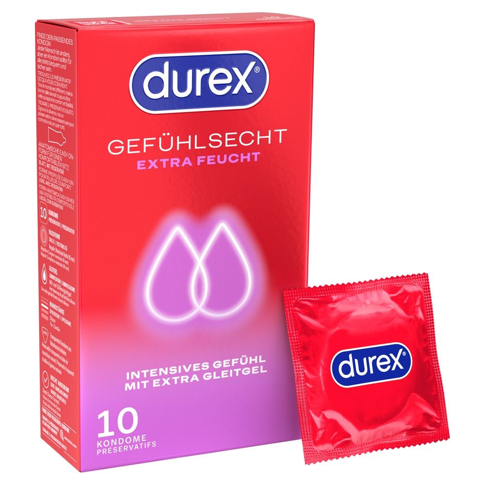 Durex Gefühlsecht Extra Feucht Kondompackung mit 10 Stück.