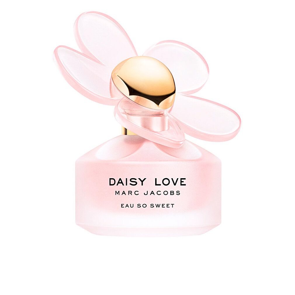Rosa Flakon mit goldfarbenem Verschluss und Blüten-Design. Aufschrift: Daisy Love, Marc Jacobs, Eau So Sweet.
