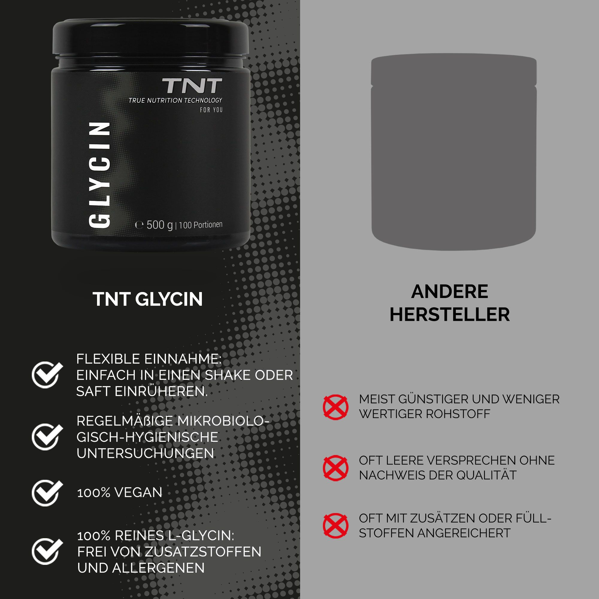 Produktvergleich: TNT Glycin (schwarzes Glas) vs. andere Hersteller (graue Silhouette). Merkmale: flexible Einnahme, 100% vegan, frei von Zusätzen.