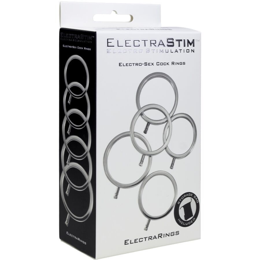 Verpackung mit "ELECTRASTIM" und "ELECTRARINGS" Schriftzug. Enthält mehrere Metallringe mit Halterungen. Auf der Verpackung steht "Electro-Sex Cock Rings".