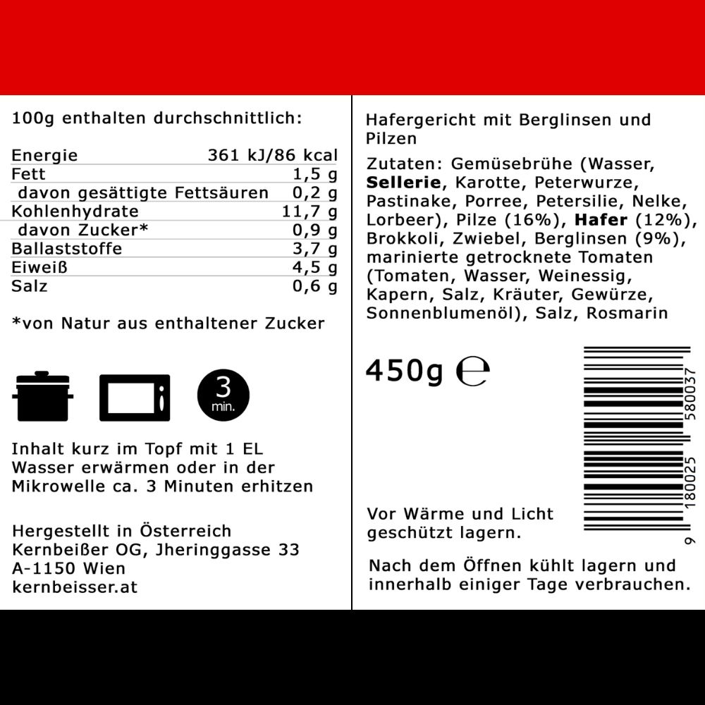 Nährwertangaben und Zutatenliste für Hafergericht mit Berginsen und Pilzen. 450g, 3min Zubereitung.