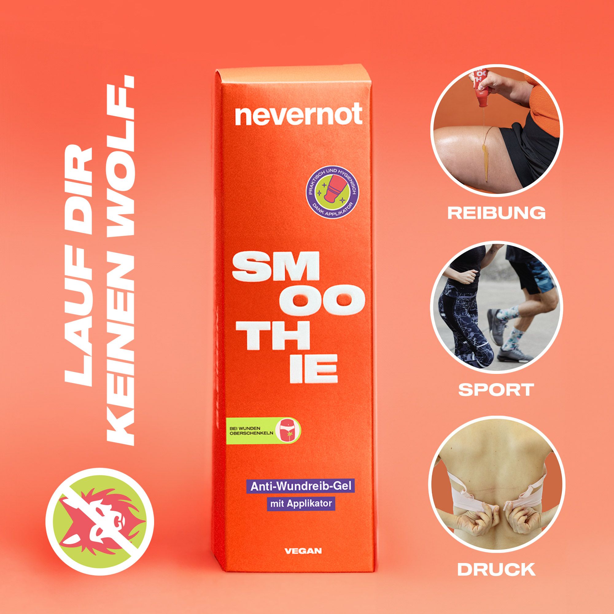 Orange Verpackung mit 'SMOOTHIE' und 'Anti-Wundreib-Gel'. Kleine Bilder zeigen Reibung, Sport, Druck.