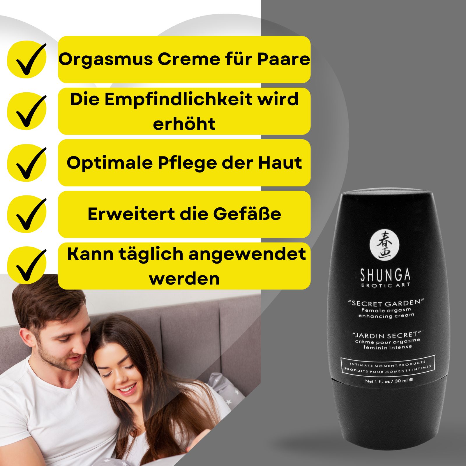 Produktflasche mit Text und Paar. Marke: Shunga.