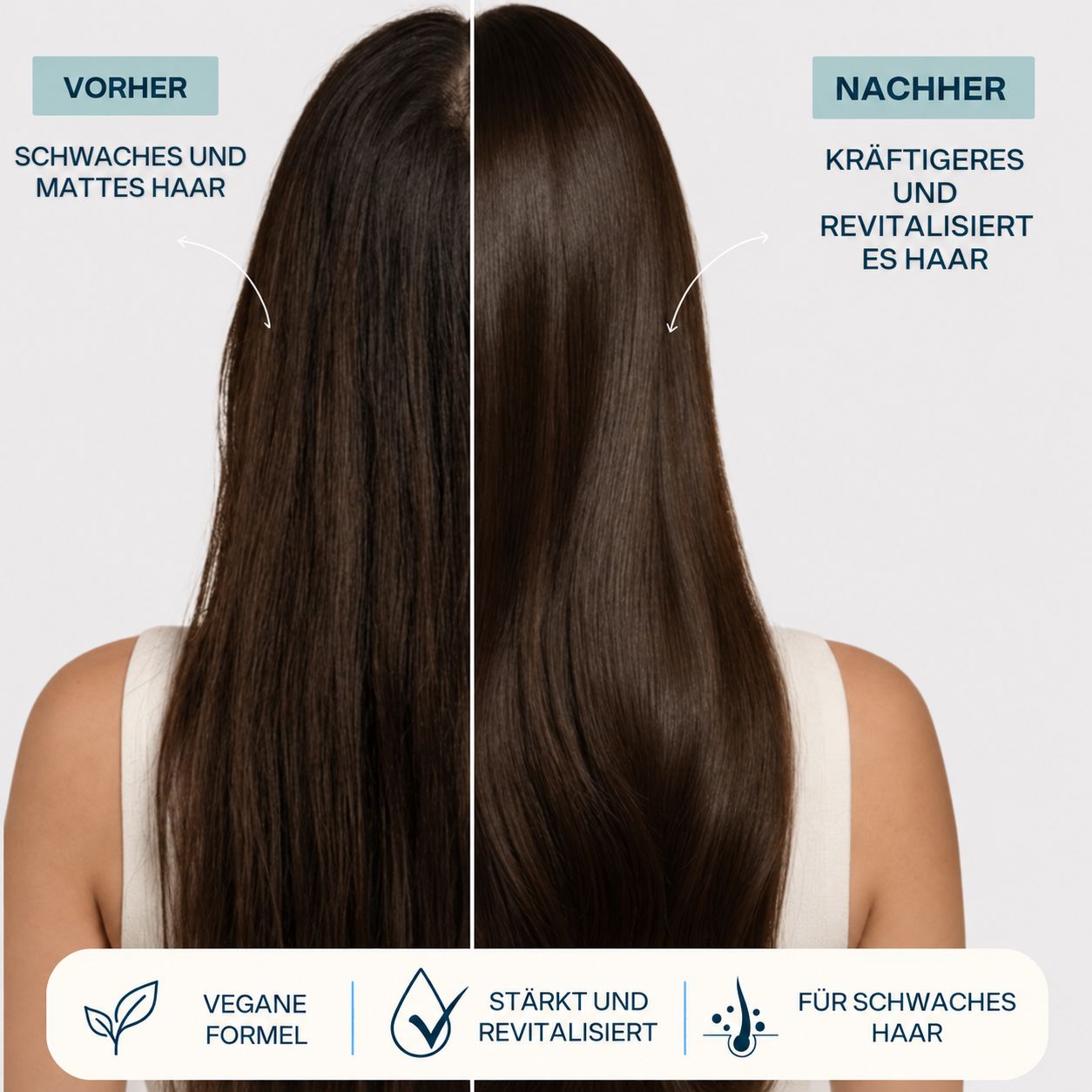 Vorher-Nachher-Vergleich von Haaren: links mattes, rechts revitalisiertes Haar. Mit Icons für vegane Formel und Stärkung.