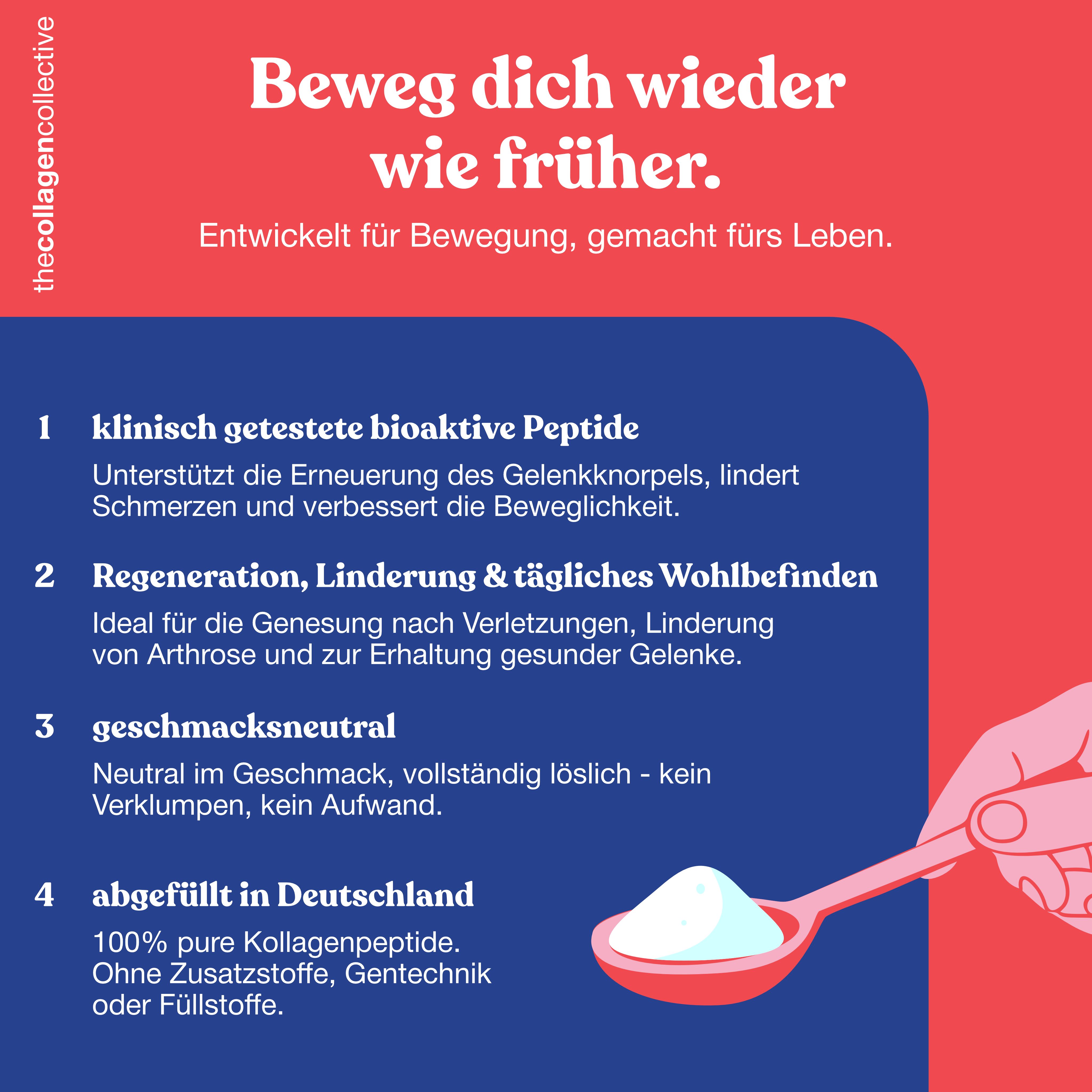 Infografik mit Text. Roter Hintergrund. Text über bioaktive Peptide, Regeneration, geschmacksneutral und Abfüllung.