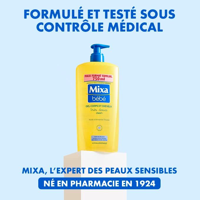 Gel Corps et Cheveux 2-in-1, gelbe Flasche mit blauem Pumpverschluss. Text: Maxi-Format familial 750ml, Mixa Bébé. Formuliert und unter ärztlicher Kontrolle getestet.