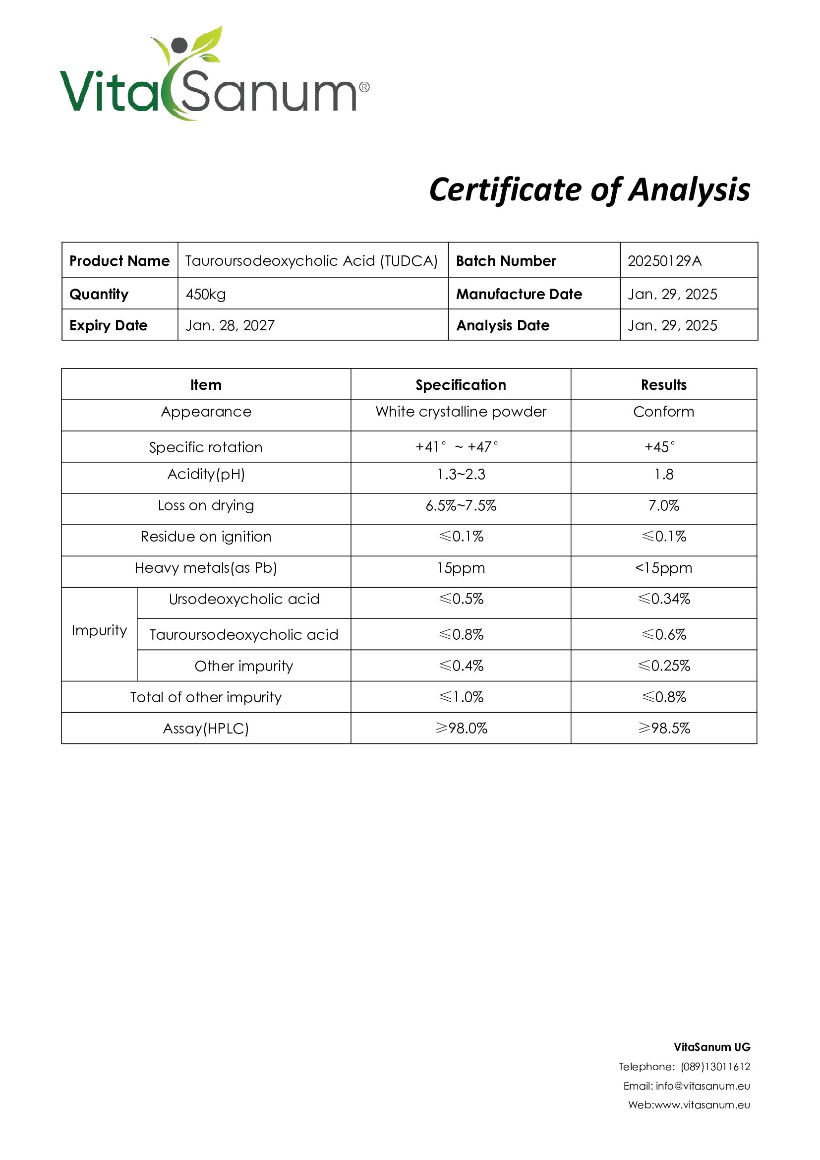 Zertifikat. Produktname: Tauroursodeoxycholsäure (TUDCA). Angaben zu Menge, Verfallsdatum, Analyse. Ergebnisse und Spezifikationen.