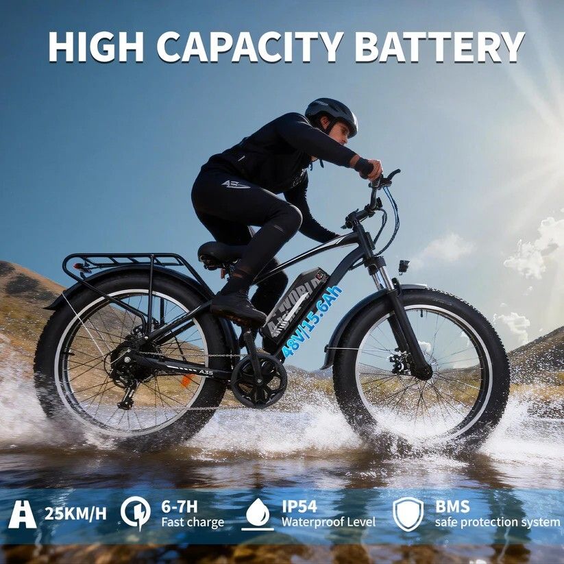 Person fährt E-Bike durch Wasser. Text: High Capacity Battery, 48V 13Ah, IP54, 25km/h, 6-7H Fast charge, BMS.