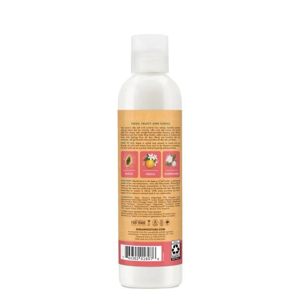 Flasche Shea Moisture Milchgel. Rückseite mit Text, Inhaltsstoffen und Logos. Rosa Etikett mit Barcode.