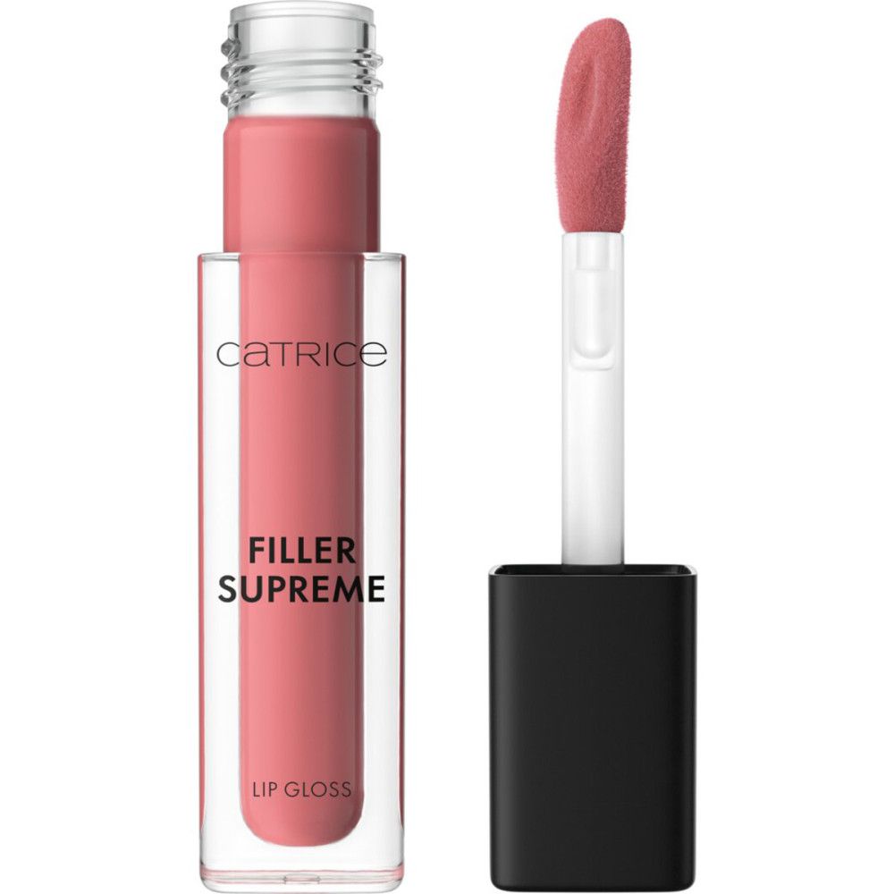 Catrice Filler Supreme Lipgloss mit Applikator. Transparente Tube mit rosa Inhalt. Schwarzer Deckel und Applikator.