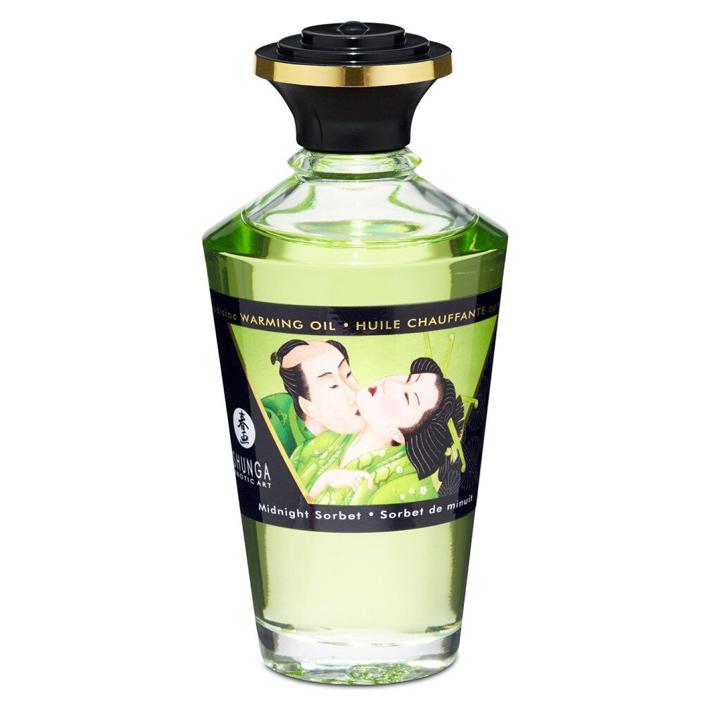 Grüne Glasflasche mit schwarzem Deckel. Aufschrift: Warming Oil, Midnight Sorbet. Abbildung eines Paares.