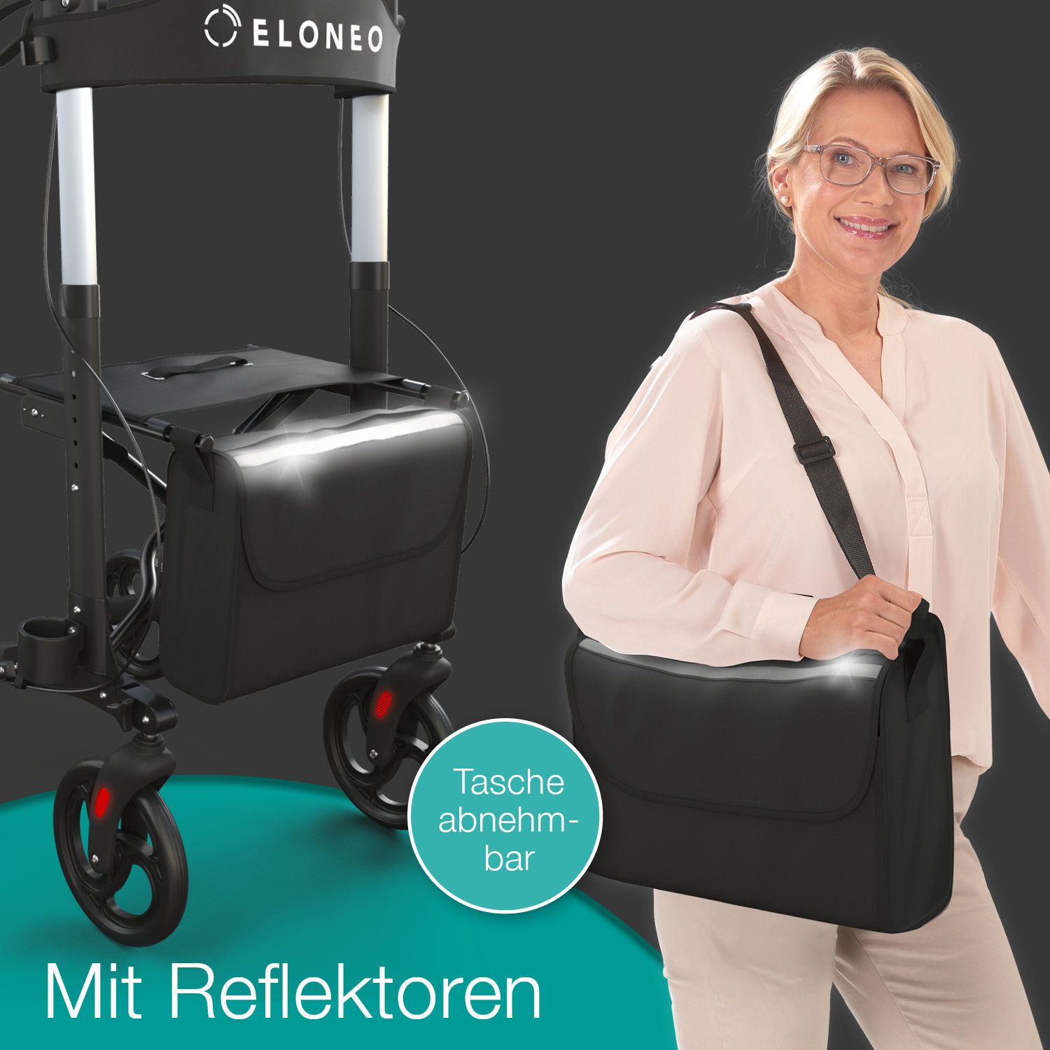 ELONEO Rollator mit abnehmbarer Tasche und Reflektoren. Frau mit Tasche.
