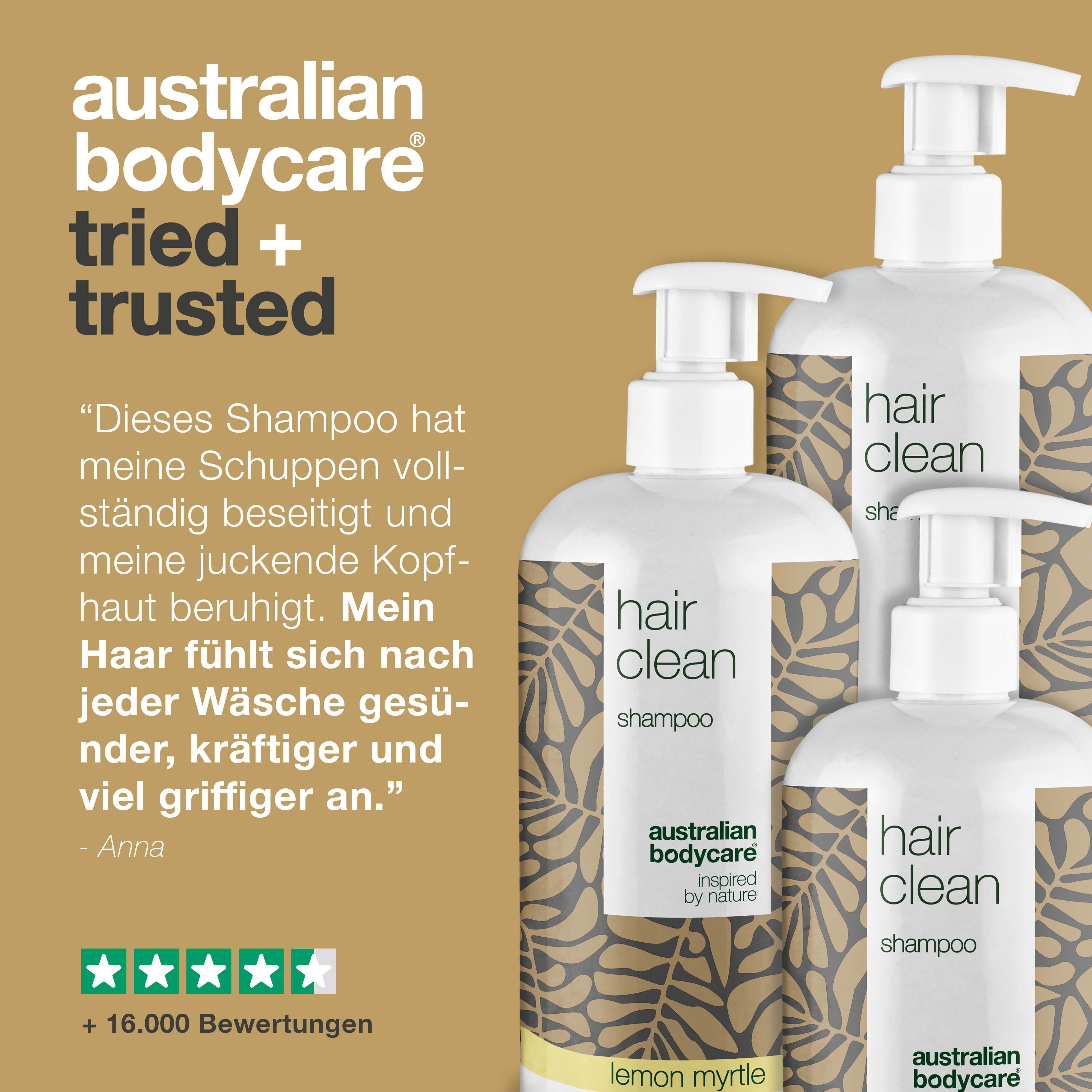Drei Shampooflaschen: Hair Clean Shampoo. Text: Australian Bodycare. Zitat: Meine Schuppen sind weg.