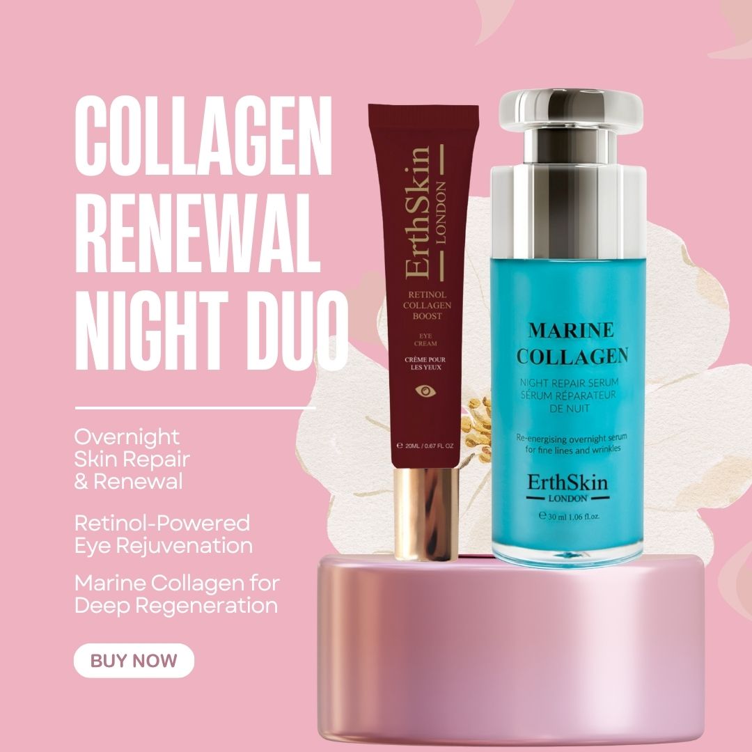 Produkt-Duo auf Podest. Augencreme in Tube, Serum in Flakon. Text: Collagen Renewal Night Duo, Marine Collagen, Retinol.