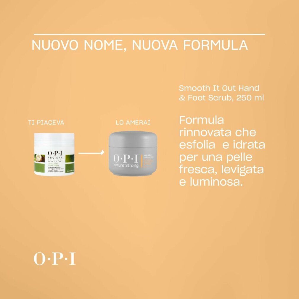 Vergleich von zwei Tiegeln. Links: O.P.I The Spa. Rechts: O.P.I Nature Strong. Text: Smooth It Out Hand & Foot Scrub.