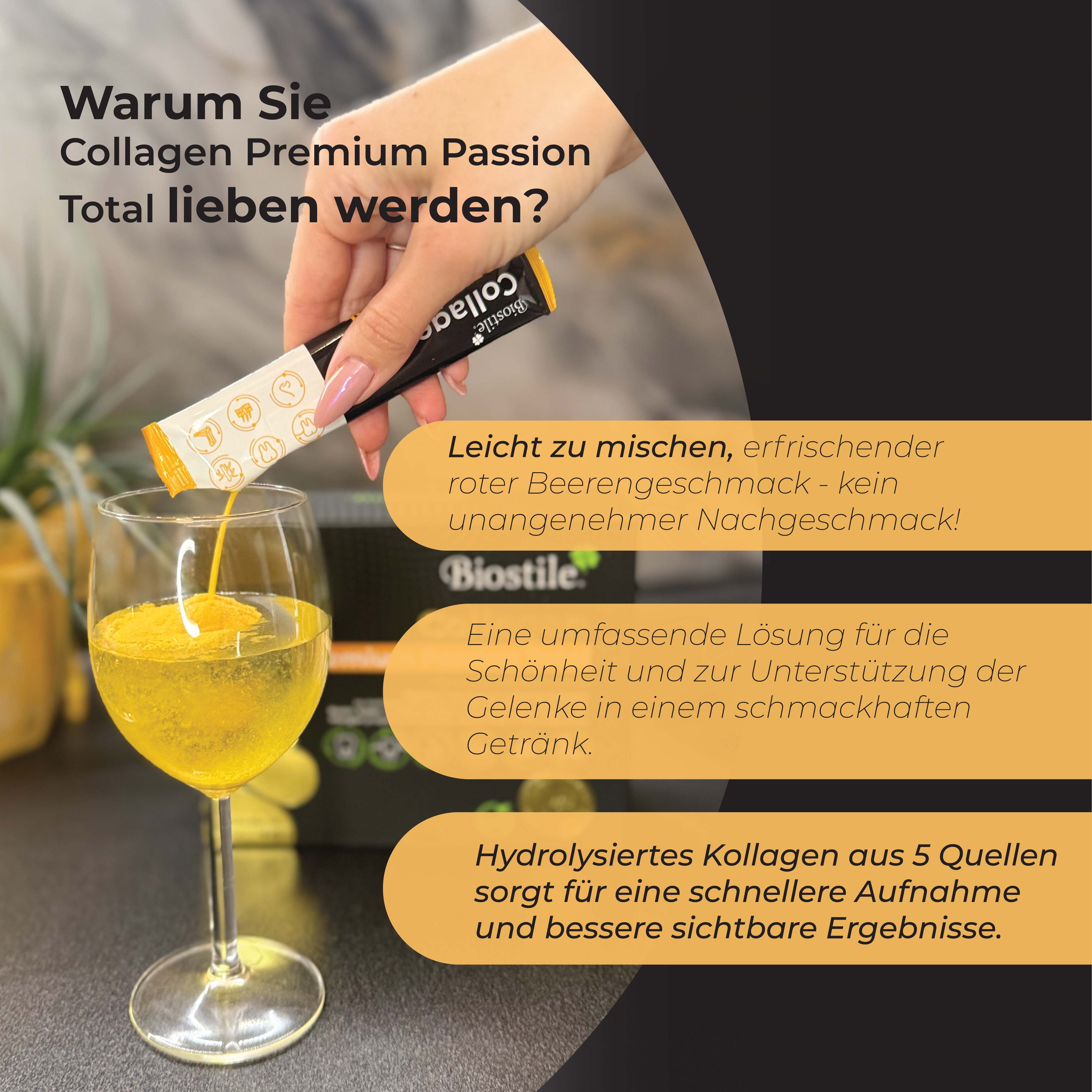 Person gießt Biostile Collagen Premium Passion Total in ein Glas. Gelbes Getränk, Beutel. Geschmack: Beere.