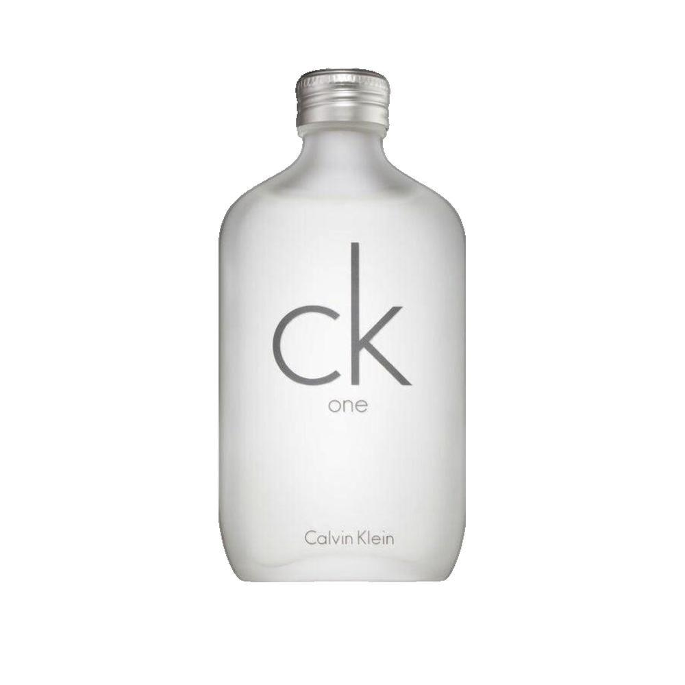 Flakon von Calvin Klein CK One. Weißes Glas, silberner Verschluss, schwarzes Logo und Schriftzug.