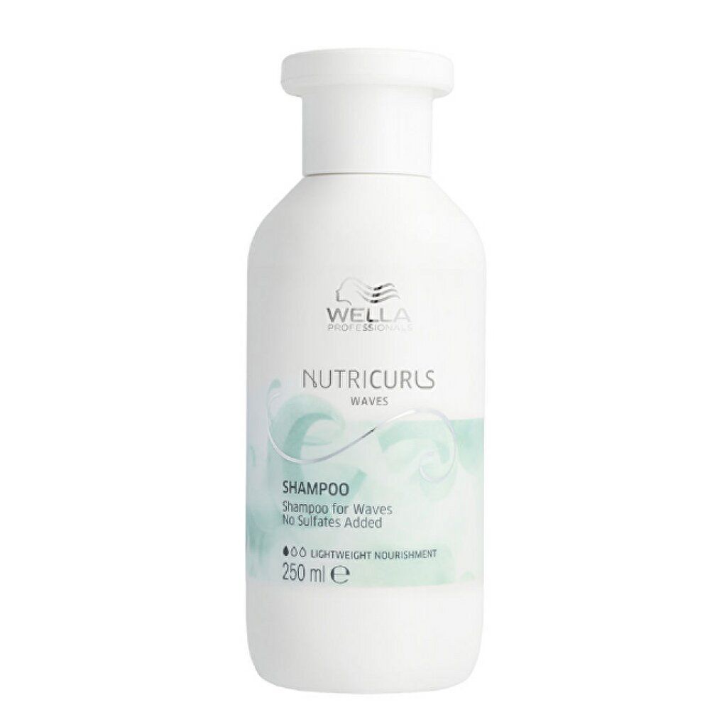 Weißes Shampoo-Flakon mit Schriftzug. Produktname: NutriCurls Waves. 250 ml.