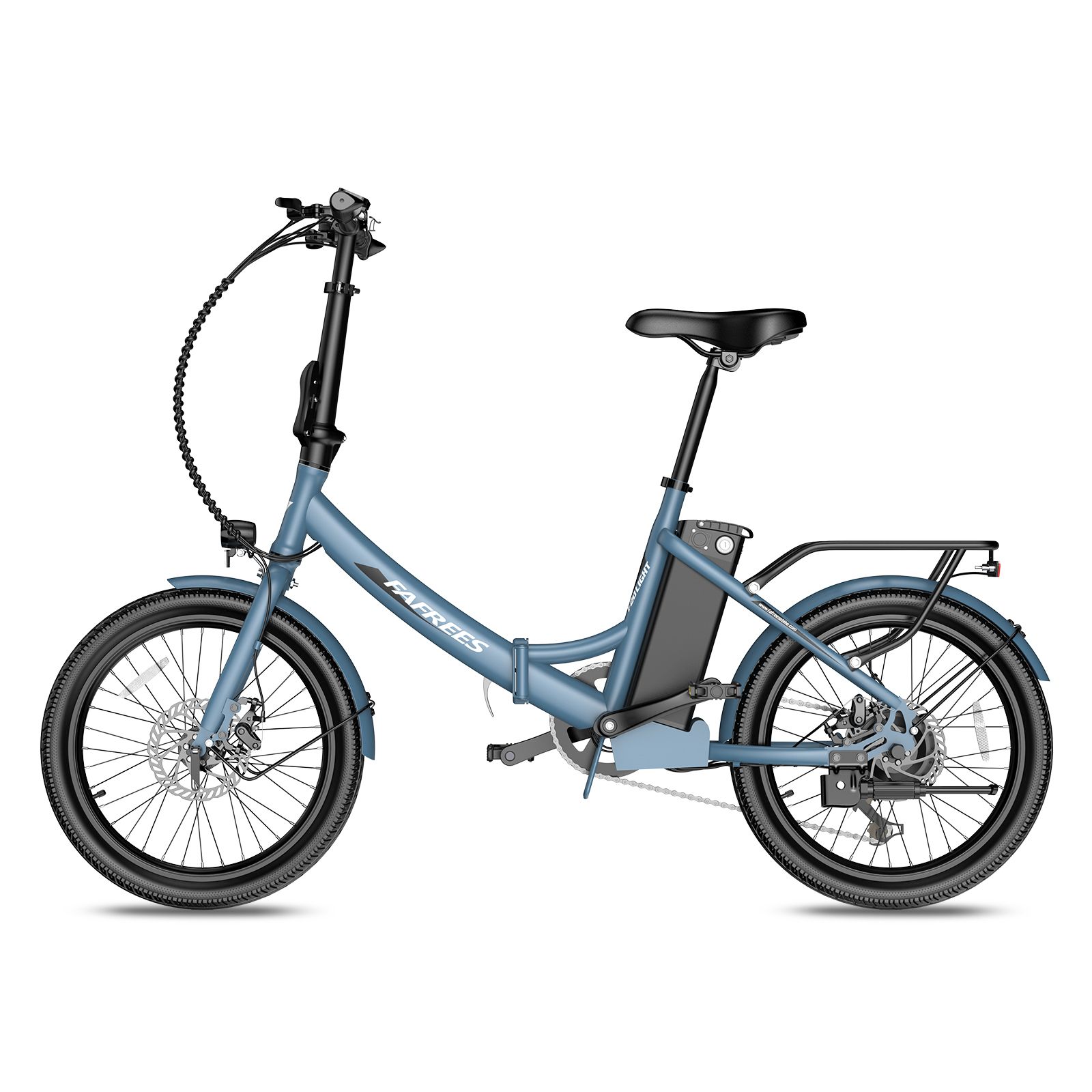 Blaues Fafrees F20Light E-Bike, Seitenansicht. Schwarze Reifen, Gepäckträger, Akku und Sattel. Fafrees-Logo.