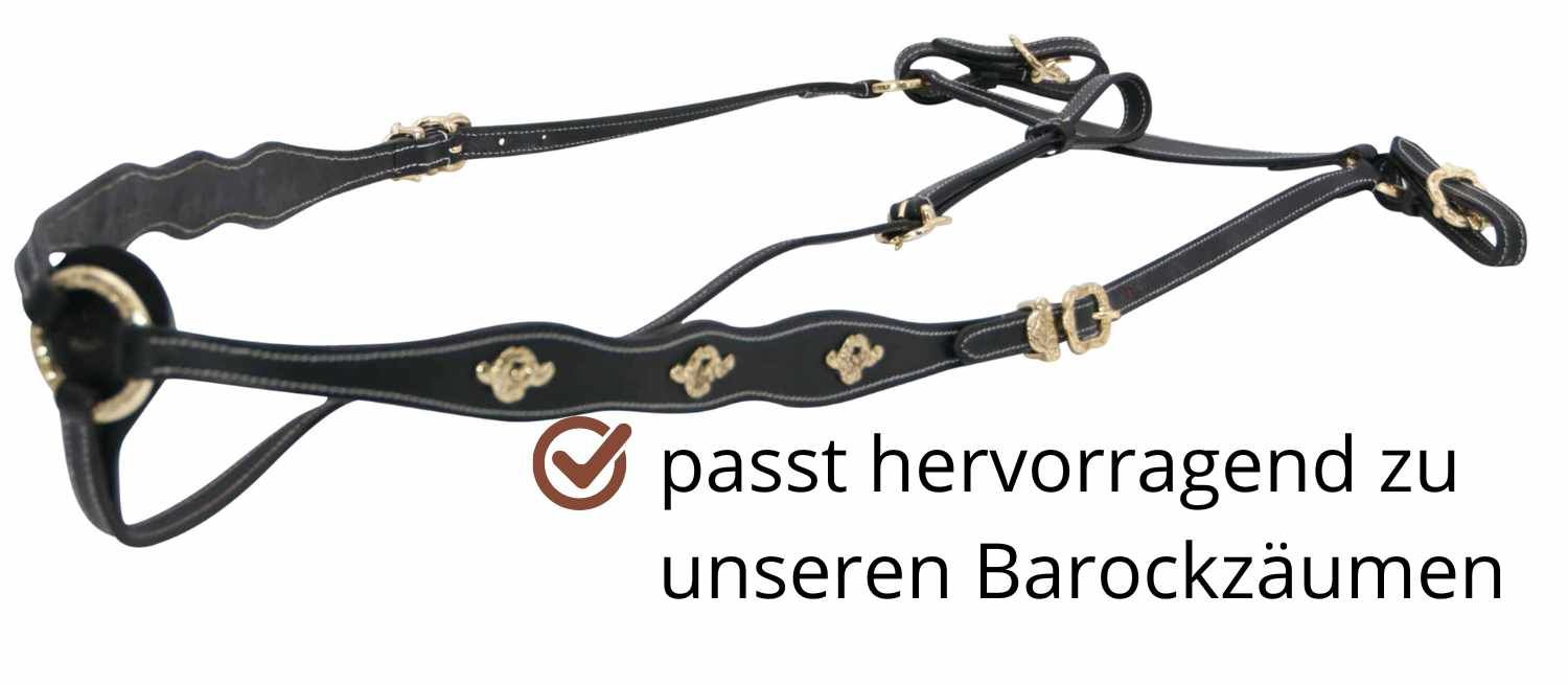 Schwarzes Vorderzeug mit goldenen Verzierungen. Text: passt hervorragend zu unseren Barockzäumen.