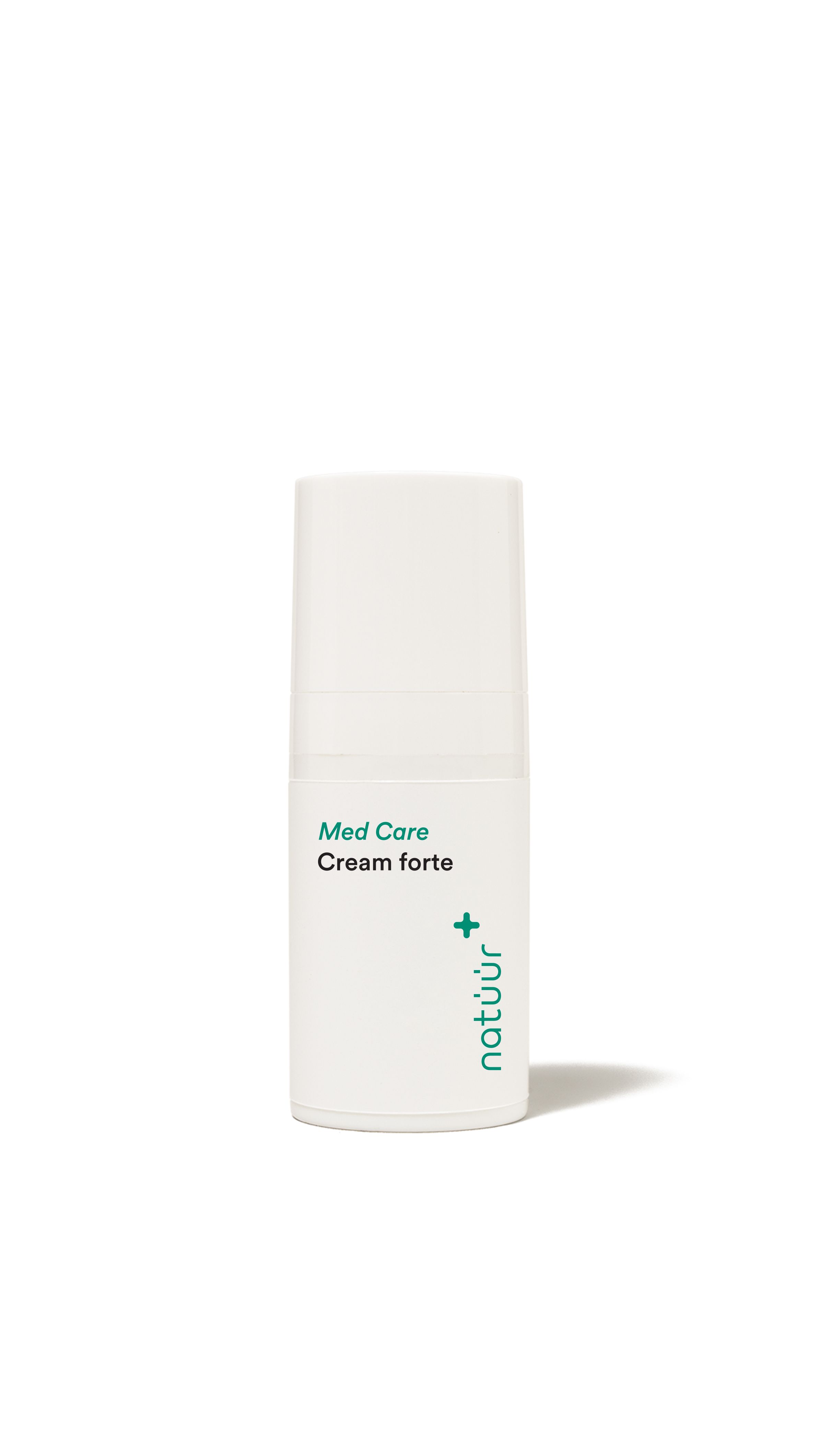 Weißer Behälter mit Deckel. Aufschrift: Med Care Cream forte. Logo: natüür, grünes Pluszeichen.