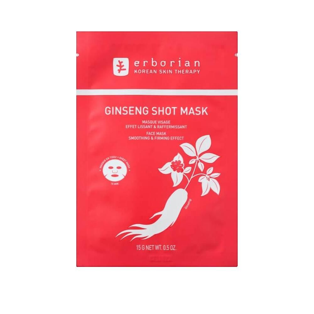 Rote Verpackung mit Produktnamen und Logo. Enthält eine Gesichtsmaske. Aufdruck: Ginseng-Wurzel-Illustration.