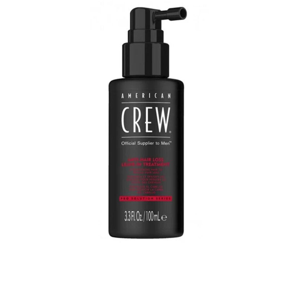 Schwarze Flasche mit Pumpe. Aufschrift: American Crew, Anti-Haarausfall-Behandlung. 3,3 fl.oz./100ml.