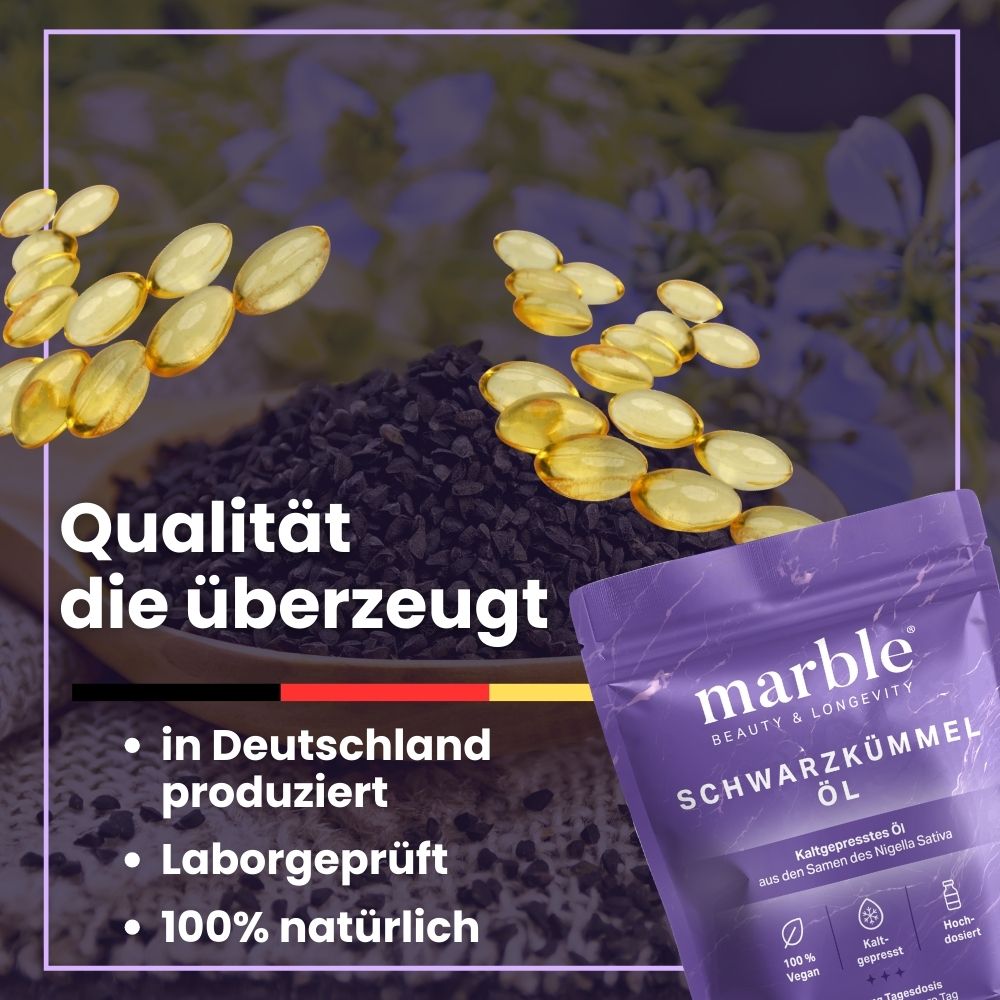 Softgels und Schwarzkümmelsamen. Text: Qualität, in Deutschland produziert, laborgeprüft, 100% natürlich. Produktverpackung: marble Schwarzkümmelöl.