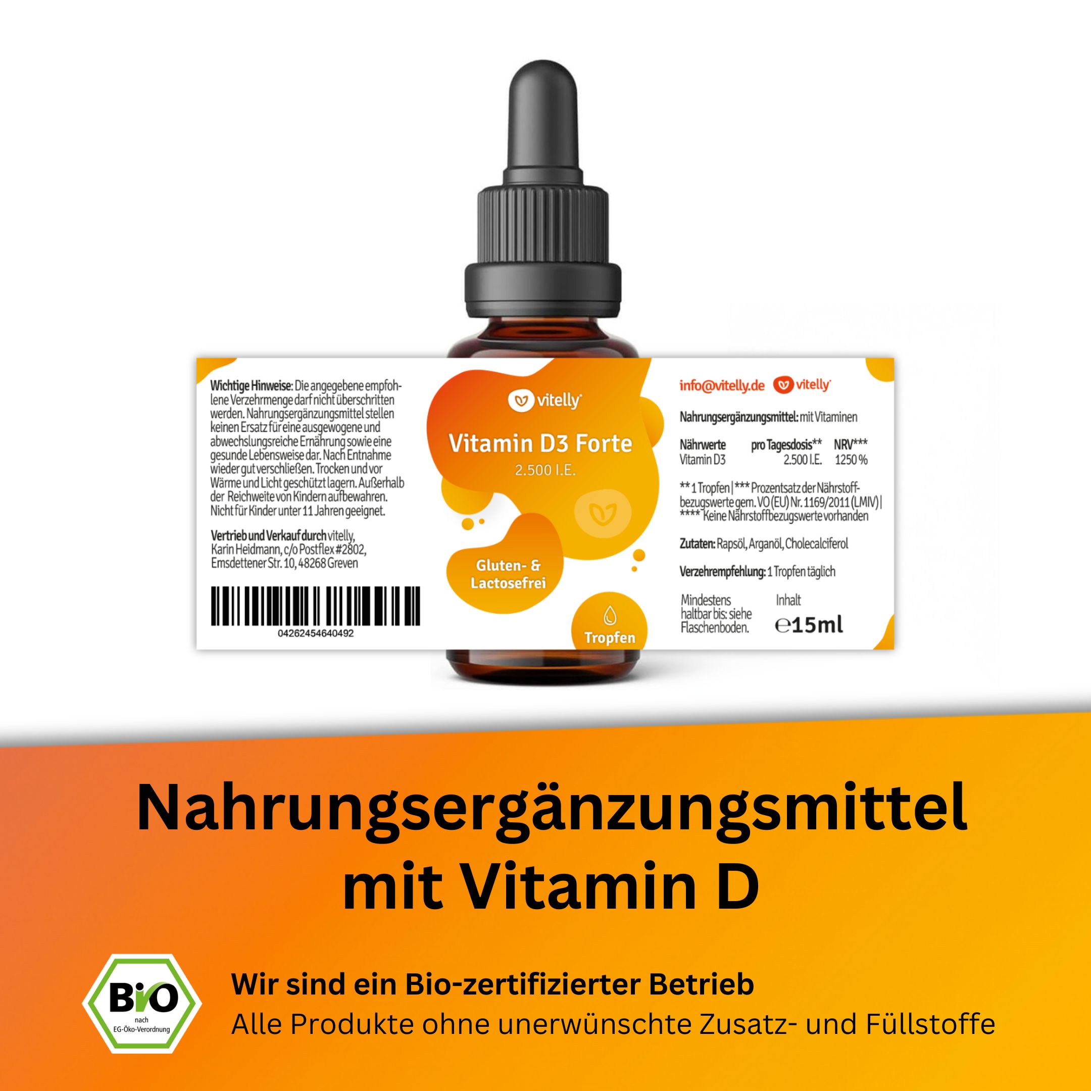 Braune Flasche mit Etikett. Text: Nahrungsergänzungsmittel mit Vitamin D. Bio-Zertifizierung. Informationen zur Dosierung und Inhaltsstoffen.