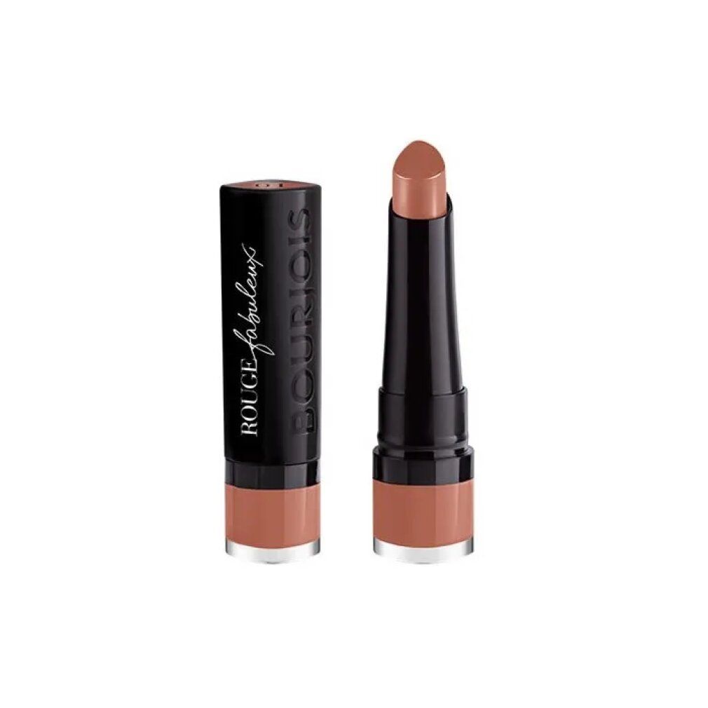Bourjois Rouge Fabuleux Lippenstift. Schwarzer Stift, brauner Lippenstift. Produktname und Marke sichtbar.