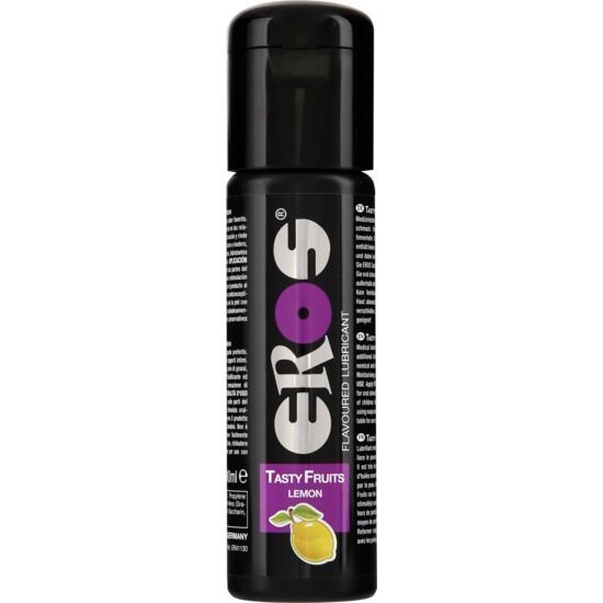 Eros Tasty Fruits Zitronen Gleitgel in schwarzer Flasche mit Klappdeckel. Lila Akzent im Logo. Zitronen-Illustration unten.