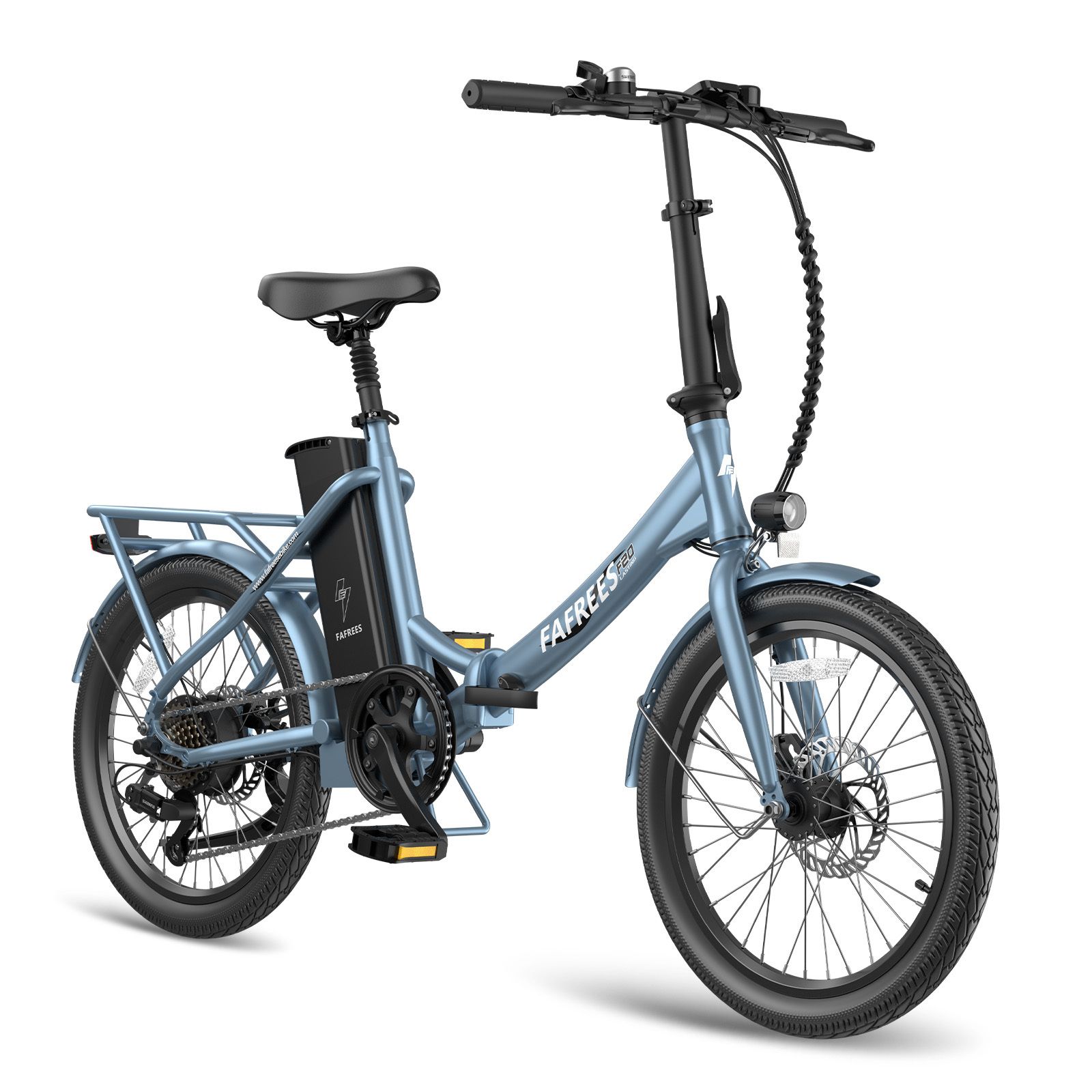 Blaues Fafrees F20 E-Bike. Klapprahmen, Gepäckträger, Scheibenbremsen. Akku am Rahmen. Schwarze Reifen und Sattel.