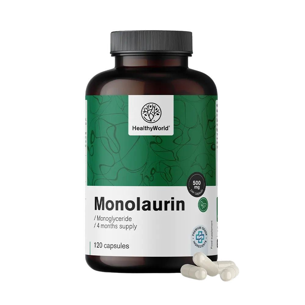 Braune Monolaurin 500 mg Kapseldose mit 120 Kapseln.