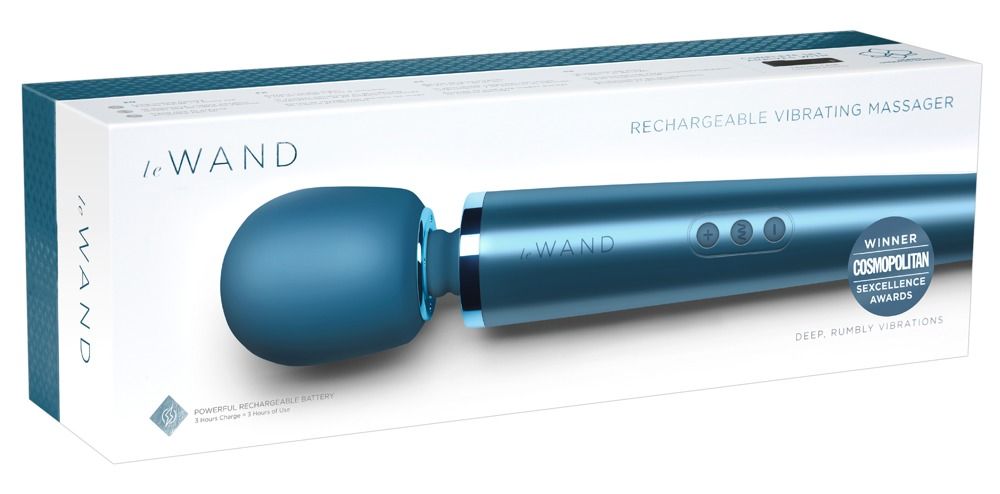 Verpackung mit blauem Massagestab. Aufschrift: "LE WAND Rechargeable Vibrating Massager".