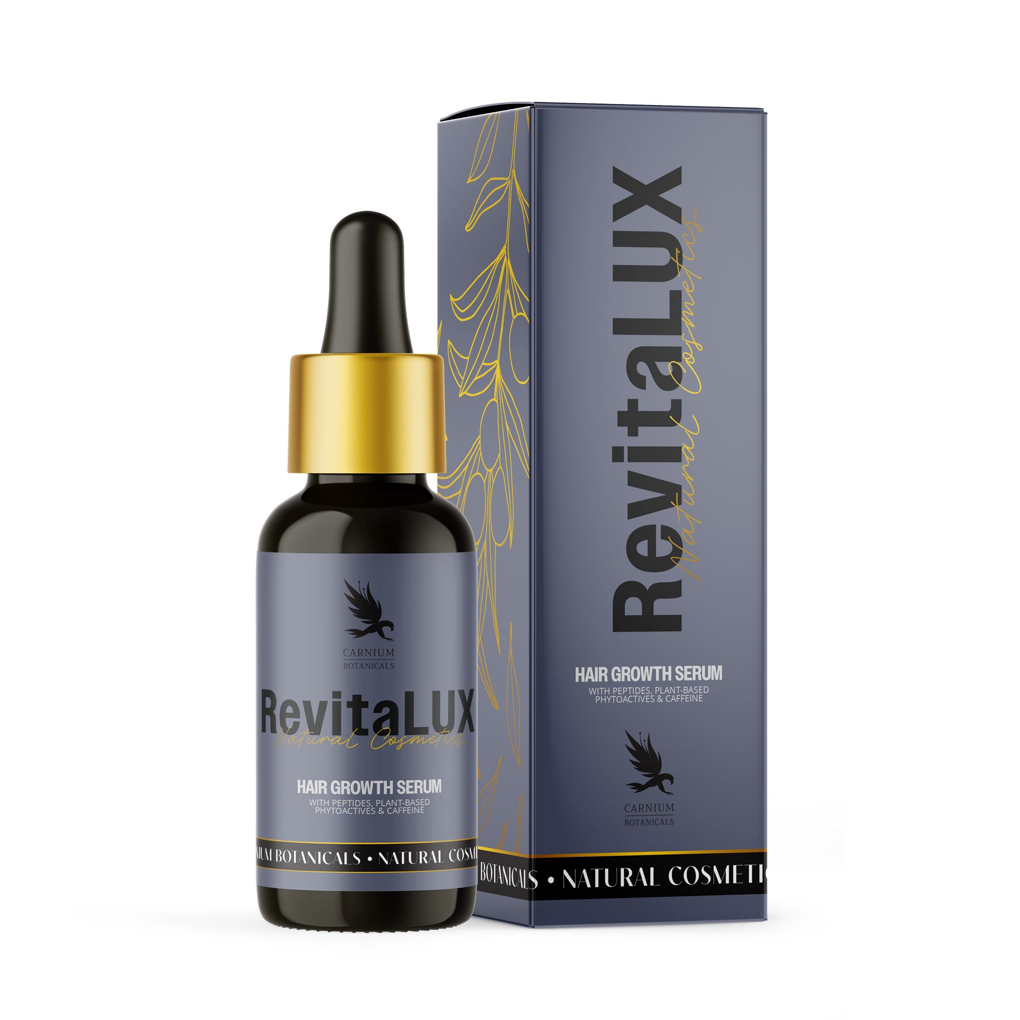 Braune Glasflasche mit schwarzer Pipette und goldener Kappe. Aufkleber mit Produktnamen und Logo. Rechteckige Verpackung.
