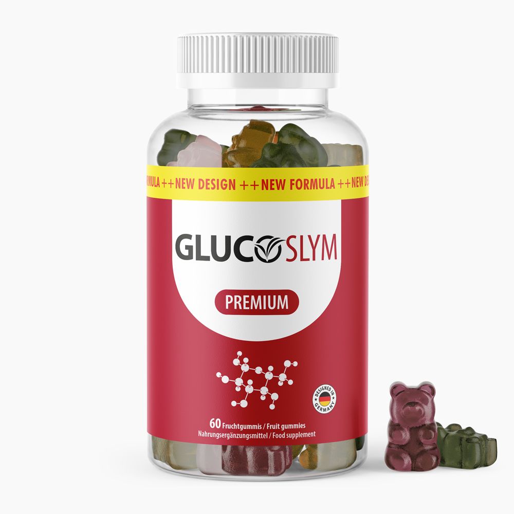 Eine Flasche Glucoslym Premium Gummies. Rote Etikett mit weißem Logo und Text. 60 Fruchtgummis. Bärförmige Gummis daneben.