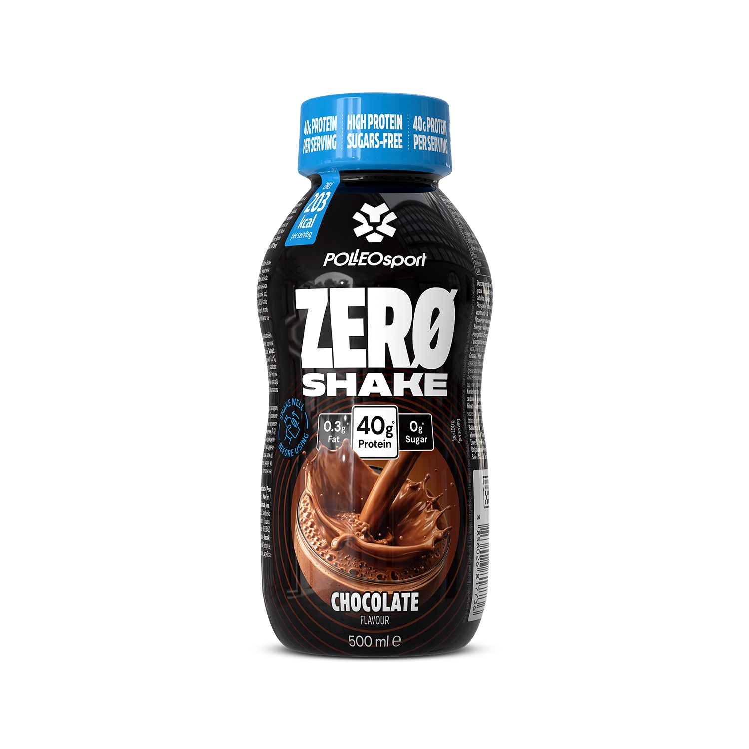 Schwarze Flasche mit "ZERO SHAKE" Schokoladengeschmack, 500 ml, 40g Protein, zuckerfrei.