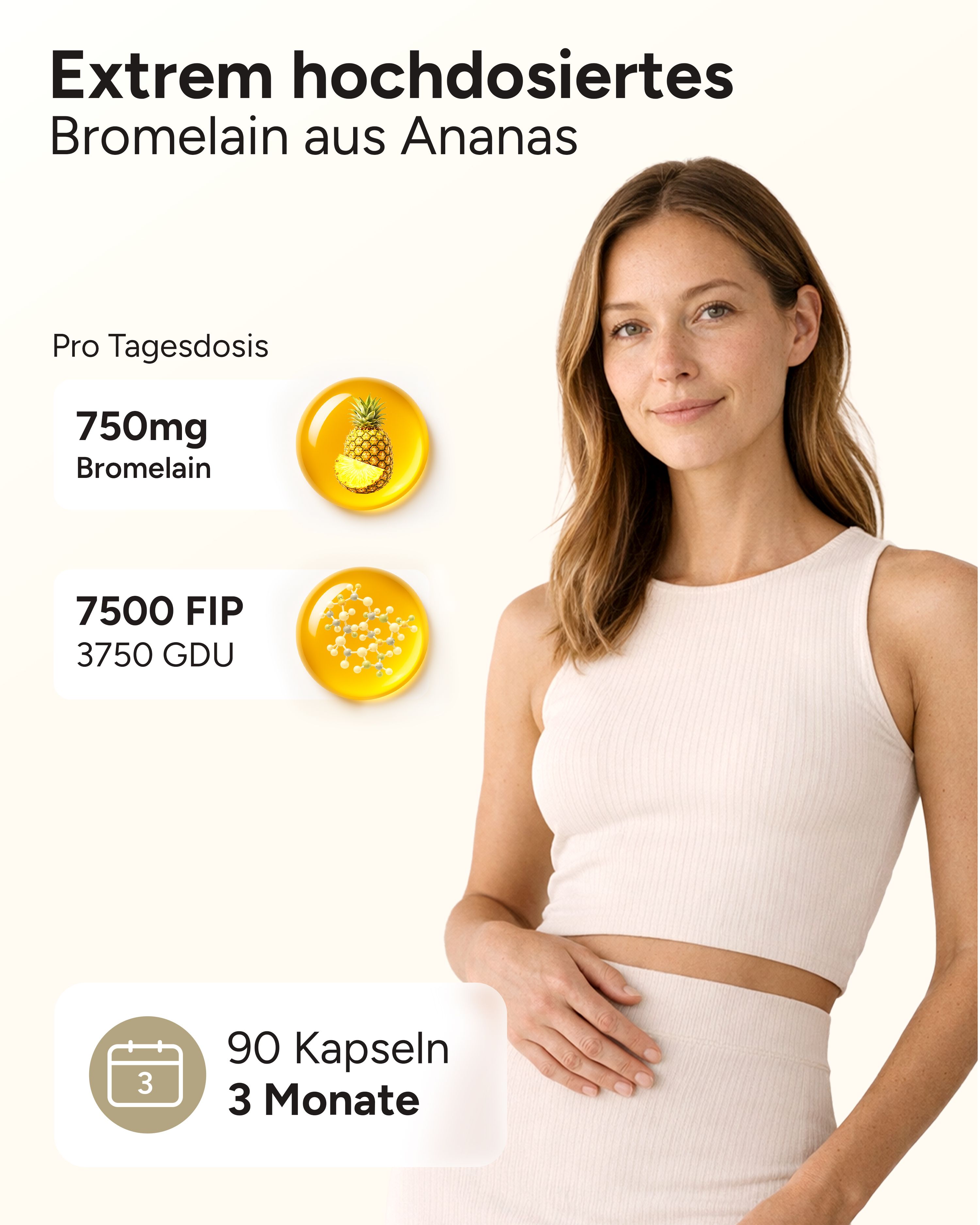 Frau mit hochdosiertem Bromelain aus Ananas: 750mg, 7500 FIP, 90 Kapseln für 3 Monate.