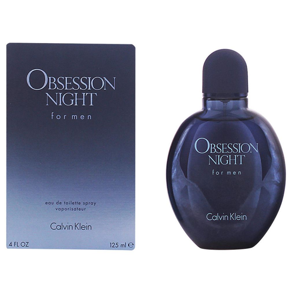 Dunkelblaue Flasche und Verpackung von Calvin Klein Obsession Night for Men. Flasche rund, Verpackung rechteckig.