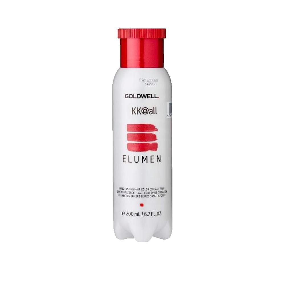 Flasche Goldwell Elumen, roter Deckel. Produktname, KK@all, Elumen. Text: Long-lasting hair color, shine, ohne Oxidation.