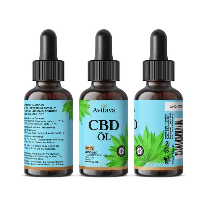 Avitava CBD Öl Vollspektrum 20% in drei Ansichten. Braune Glasflasche mit Pipette und blauem Etikett.