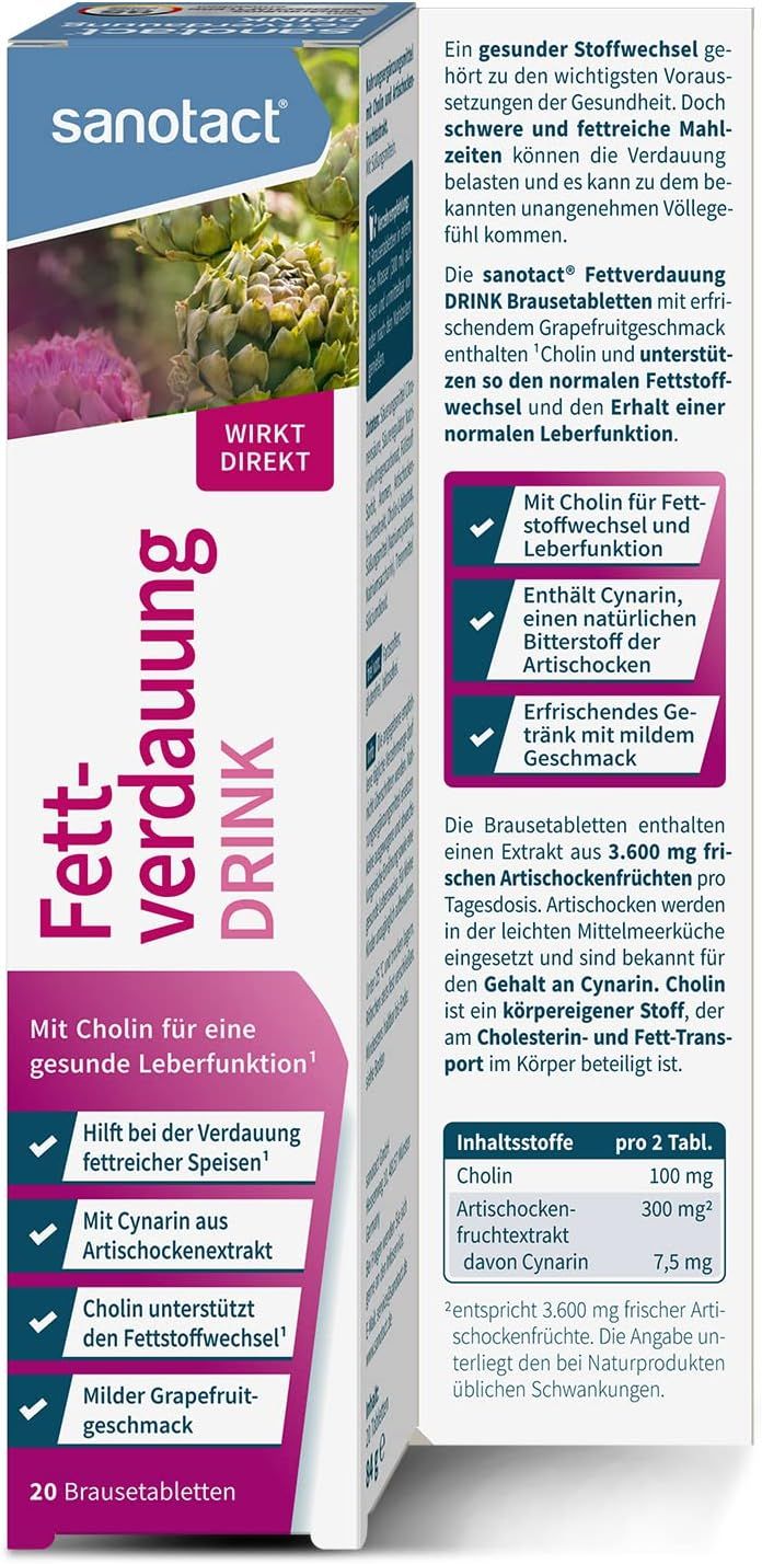 Sanotact Fettverdauung Drink Packung. Enthält 20 Brausetabletten. Mit Artischocke und Cholin für Fettstoffwechsel. Text und Produktabbildung.