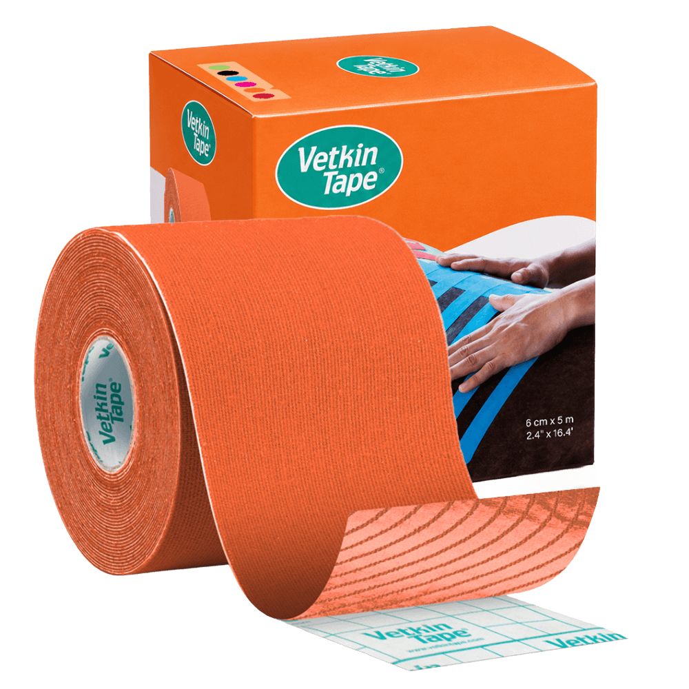 Orange Kinesiotape-Rolle mit Vetkin Tape Logo und Verpackung. Größe 5cm x 5m.