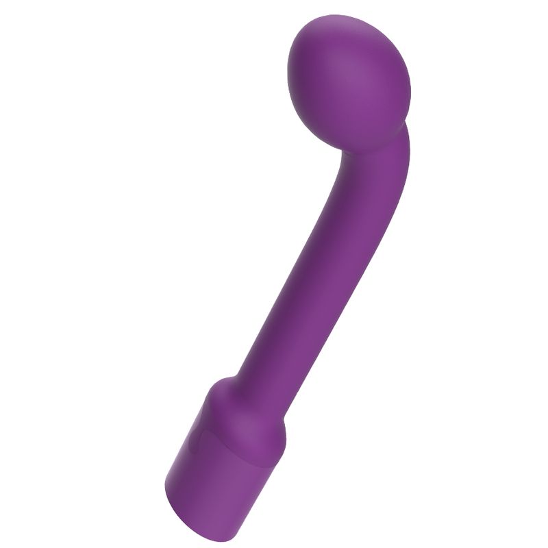 Lila Vibrator mit gebogener Form. Kopf und Basis sind erkennbar.