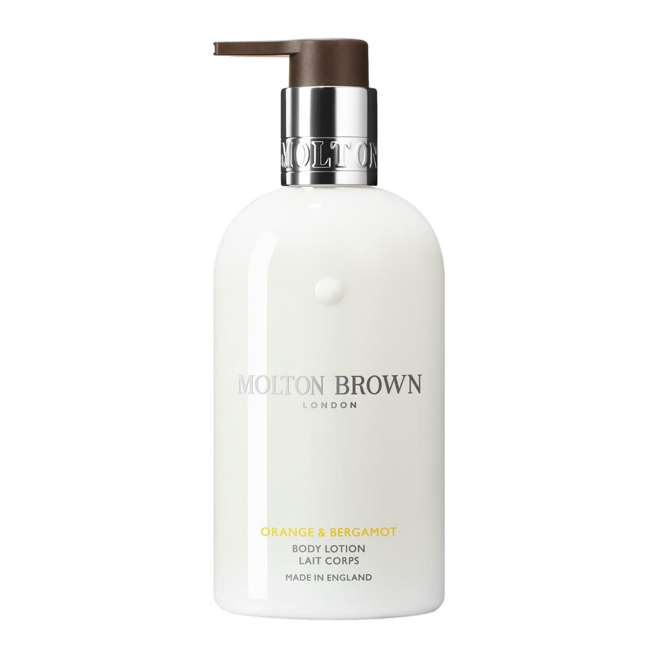 Weiße Pumpflasche mit Molton Brown Orange & Bergamot Body Lotion.