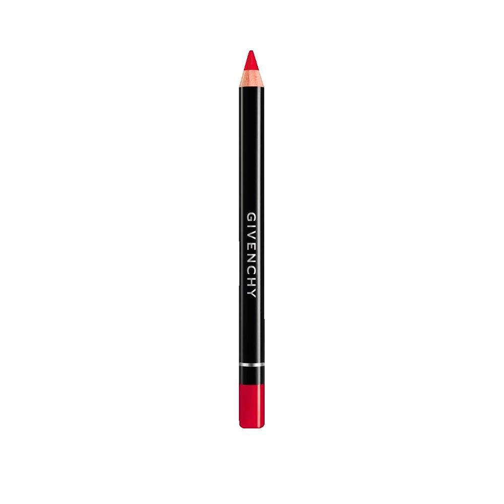 Roter Lippenkonturenstift. Schwarzer Stift mit roter Spitze und Aufschrift Givenchy. Silberner Ring am Stift.