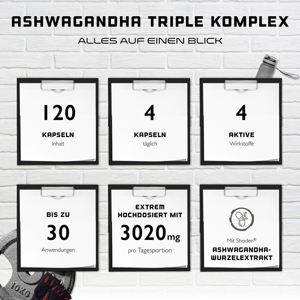 Infografik: Ashwagandha Triple Komplex, 120 Kapseln, 4 Kapseln täglich, 4 Wirkstoffe, bis zu 30 Anwendungen.