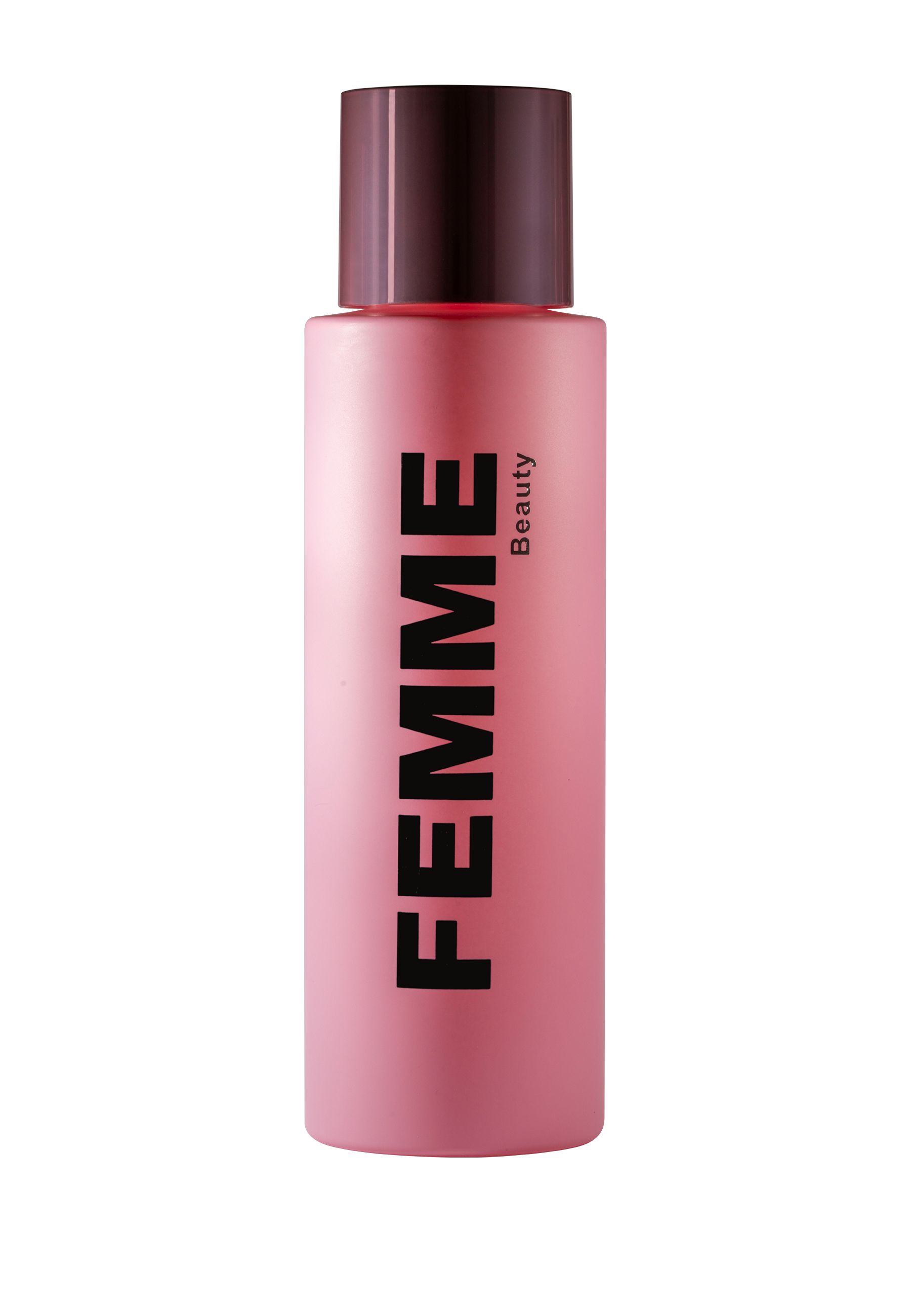 FEMME Beauty Flasche mit dunklem Verschluss auf weißem Hintergrund.