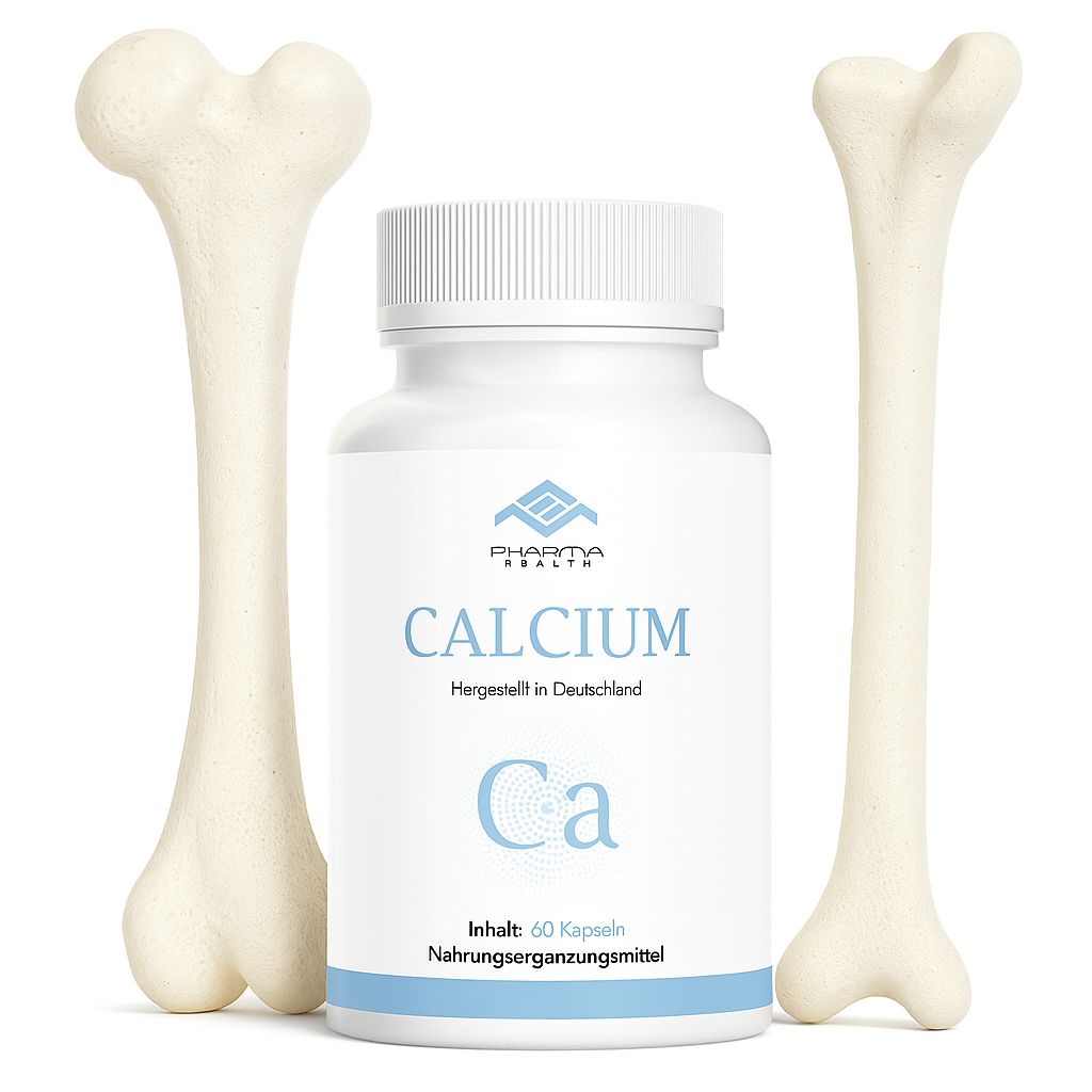 Weiße Flasche Pharma Health Calcium mit Knochenmodellen. Aufschrift: Calcium, hergestellt in Deutschland. Ca-Symbol. 60 Kapseln.