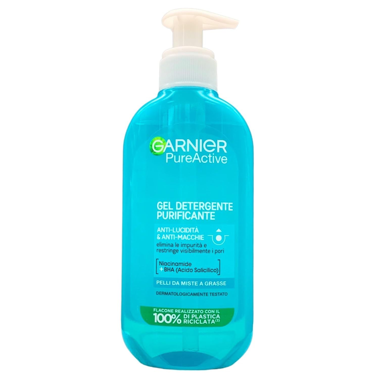 Blau transparente Flasche mit weißem Pumpverschluss. Aufschrift: Garnier PureActive, Gel Detergente Purificante.
